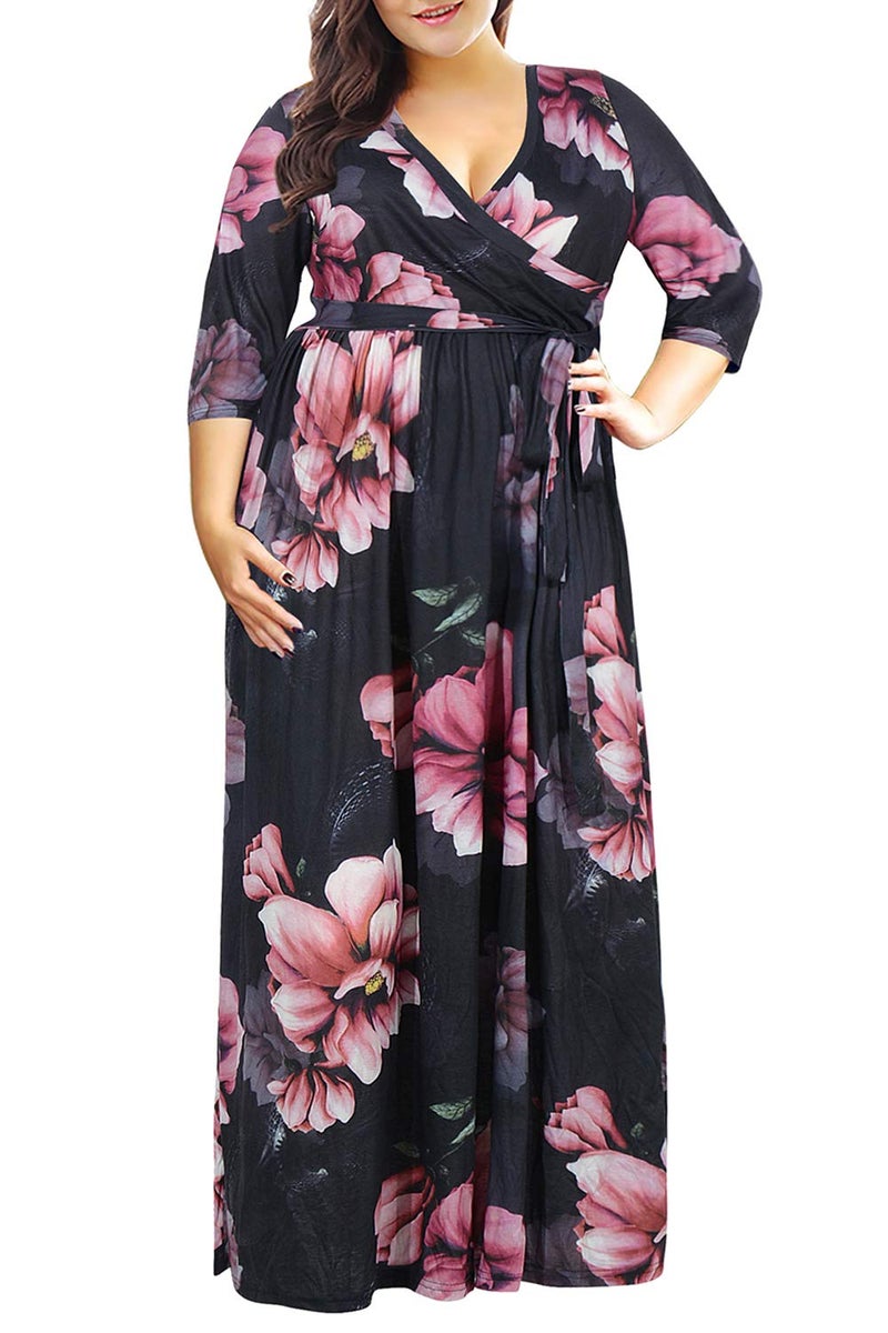 Nemidor Womens Casual V-Neck 3/4 Sleeve Plus Size Long Maxi Dress with Pockets NEM170 (24,Pink Flower) - Image 1